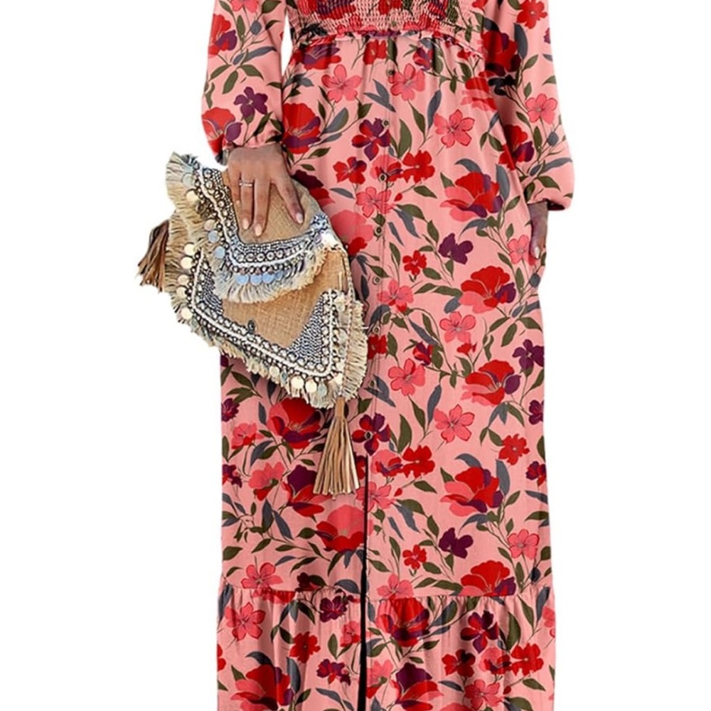 Floral Pink  Square Neck Boho Maxi Dress